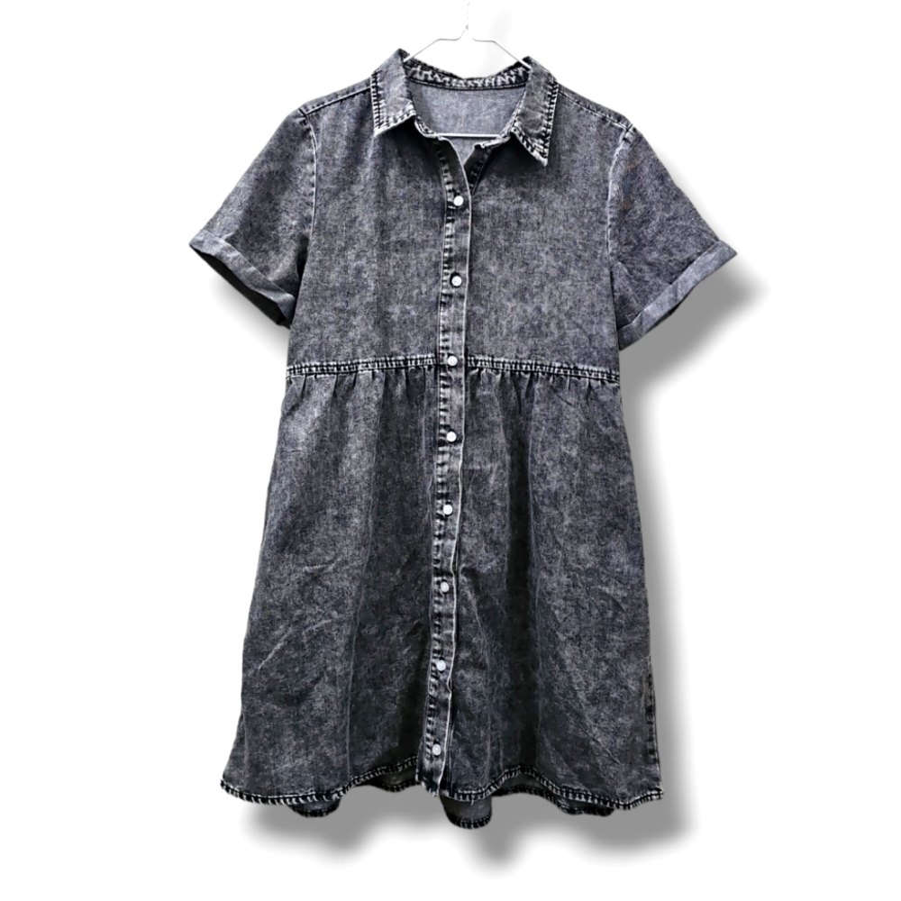 WOMEN'S SHORT SLEEVE BUTTON DOWN FLOWY TIERED BABYDOLL DENIM DRESS